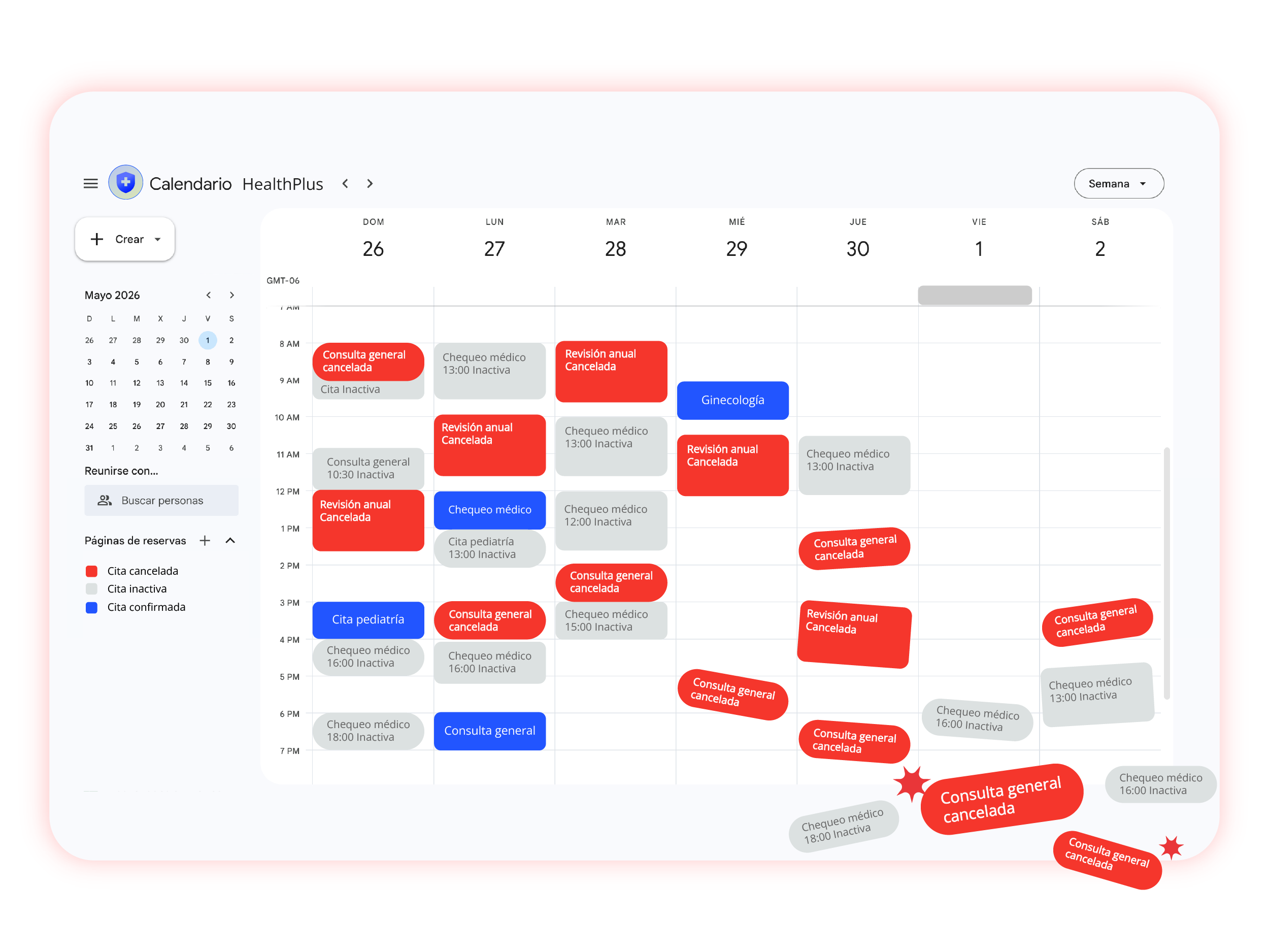 Agenda con múltiples citas canceladas e inasistencias