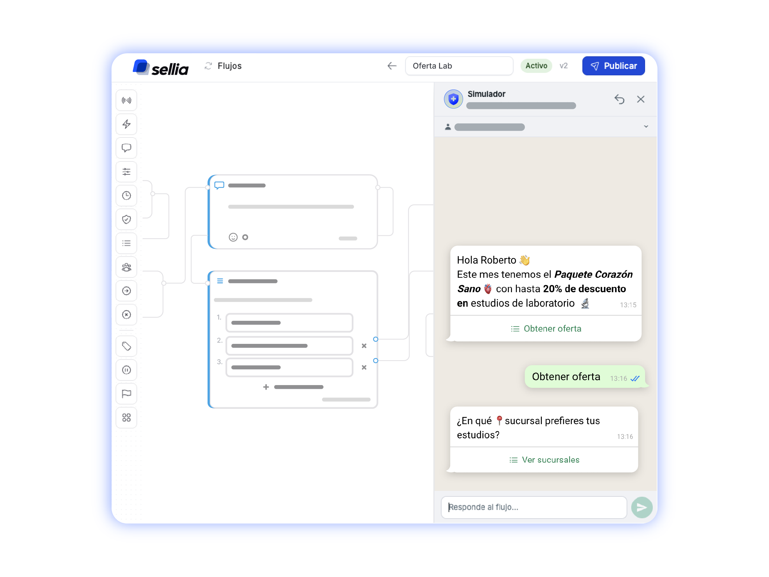 Flow builder de sellia con flujo automatizado de respuestas