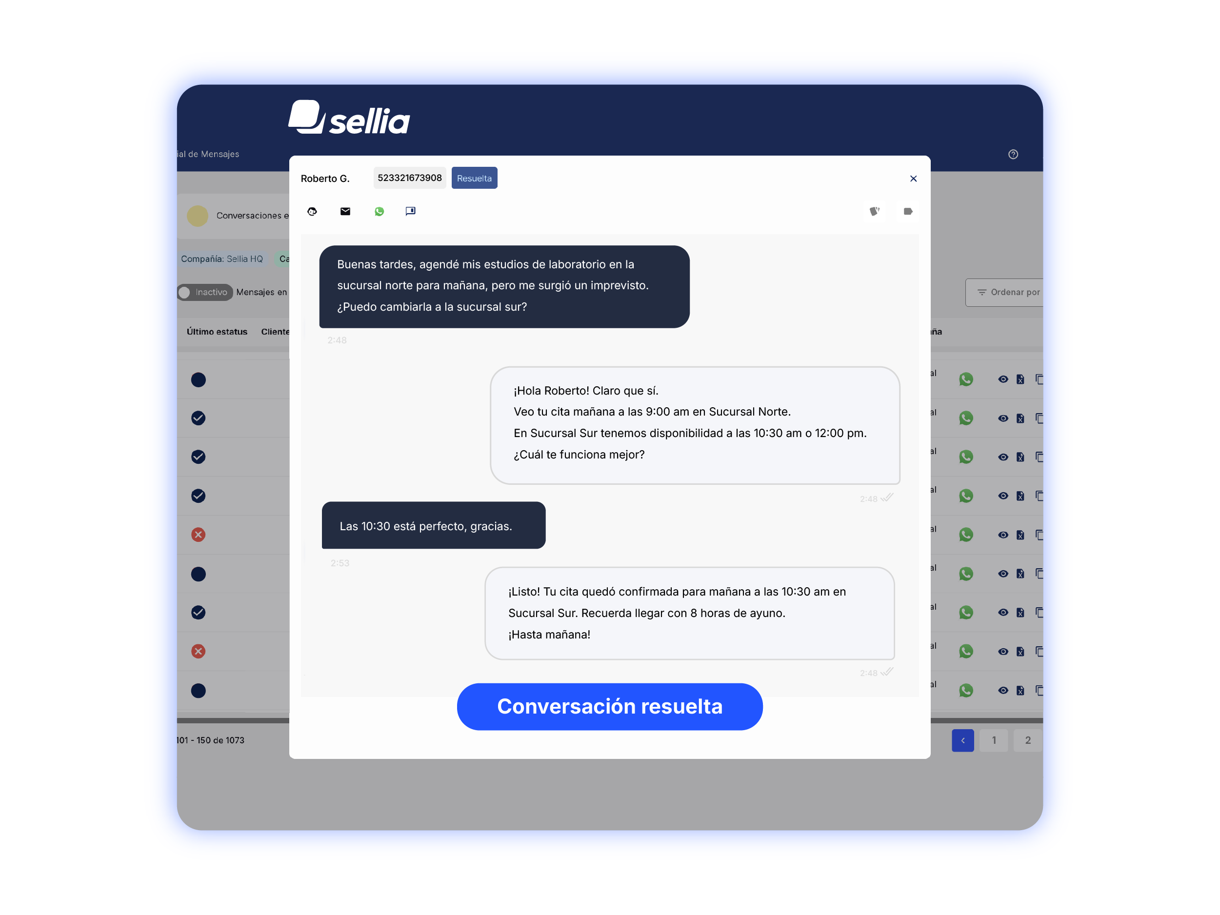 Bandeja centralizada de sellia con conversación resuelta entre sucursales